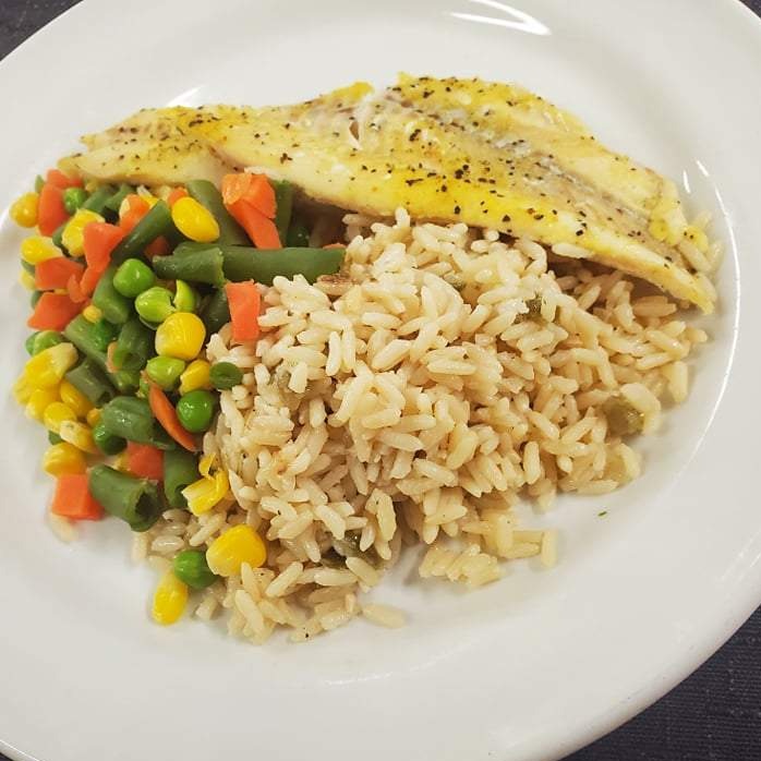 FROZEN Lemon Pepper Haddock with Rice Pilaf and Steamed Vegetables
